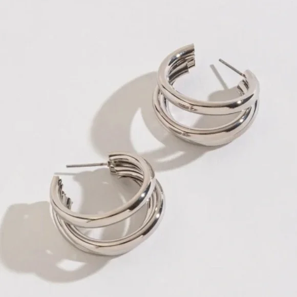NWT Chunky Silver Triple Hoop Stud Earrings - Picture 2 of 5